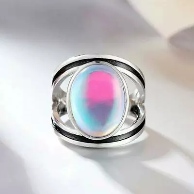 Oval Rainbow Moonstone Ring Tibetan 925 Silver Women Wedding Party Jewelry Gifts • $1.84