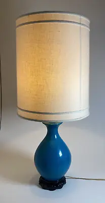 Vintage Blue Crackle Ceramic Vase Lamp /w Barrel Shade -Asian Japan MCM -Large • $375