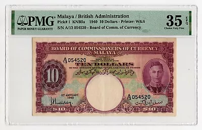 1940 Malaya 10 Dollars 1.1.1940 Pick# 1 KNB5a Exceptionally RARE - PMG 35 EPQ • $4995