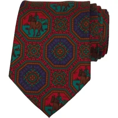 CLUBMAN Mens Tie 3.25 Red Blue Horse Equestrian Print Silk SHORT Necktie ITALY • $14.76