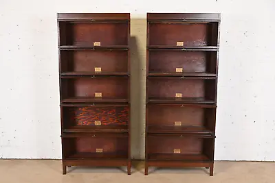 Antique Globe Wernicke Arts & Crafts Mahogany Five-Stack Barrister Bookcases • $7500