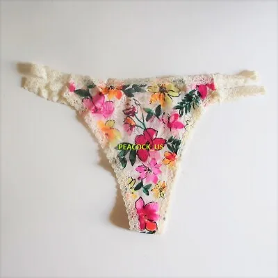 Victoria's Secret PINK Strappy Lace Thong Panty  M L Pink Cream Floral NWT • $10.95