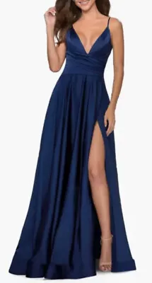 New LA FEMME STRAPPY BACK SATIN V-NECK THIGH SLIT BALLGOWN DRESS In Navy Sz 10 • $103.98