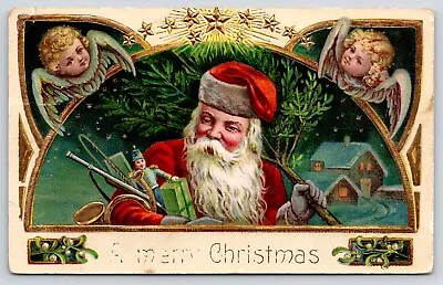 $15 • Buy Christmas~Old Style Santa~Tree & Toys~Angel Face Corners~Gold Leaf GEL Germany