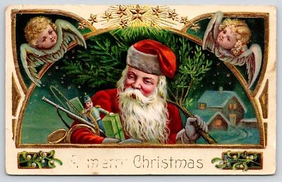 $15 • Buy Christmas~Old Style Santa~Tree & Toys~Angel Face Corners~Gold Leaf GEL Germany