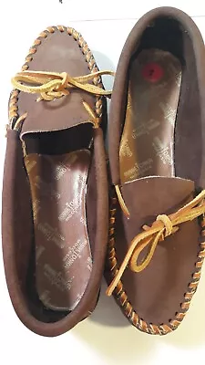 Minnetonka Womens Slip On Leather Moccasins Size 7 Brown Leather Tie • $18