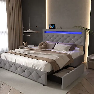 $313.49 • Buy Modern Full Queen Size Bed Frame With LED Lights Upholstered Platform Bed Frame