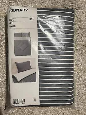 IKEA Rodnarv Double Size Duvet Cover & 4 Pillowcases Grey White Striped Bedding • £42