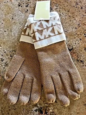 New Michael Kors Bordered Monogram MK Logo Knit Gloves Brown $48 • $24