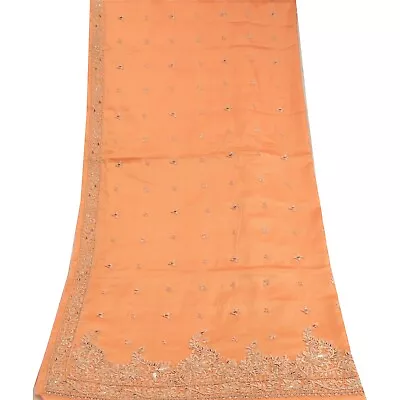 Sanskriti Vintage Peach Dupatta Pure Satin Silk Hand Embroidered Zardozi Stole • $64.99