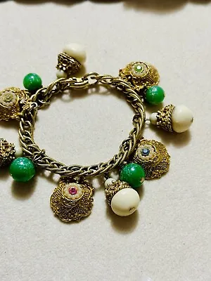 Vintage Estate Charm Bracelet Gold Tone  Green & White Colors • $27