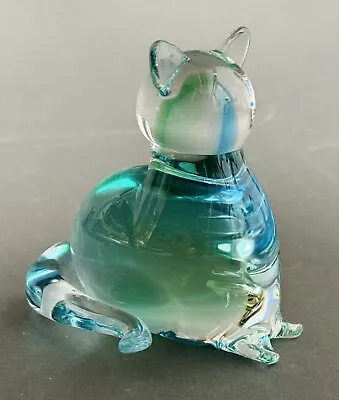 Vintage Murano Glass Blue Green Cat Paperweight Figurine W/ Label 4” • $49
