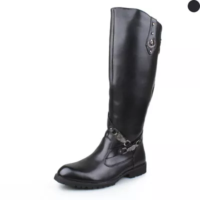 Fashion Men's Faux Leather Military Zip Flat Heel Knee High Riding Boots Shoes • $69.24