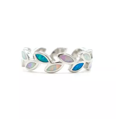 925 Sterling Silver Synthetic Opal Ring - Hawaiian Maile Leaves Mix Band • $26.99