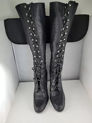 MICHAEL KORS BLack Leather Lace Up Boots  - Tall Knee High Ladies Sz 5.5 (TK) • $39.95