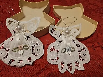 Vtg Christmas- 2 Avon Battenburg Lace Angel Ornaments  Pearl & Beads- NIB • $24