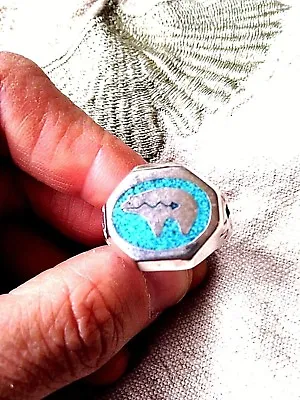 1980's Vintage Silver Bronze Men's Bear Real Turquoise Inlay Southwestern Ring • $44