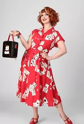 Collectif Cat Croupier Size 22 Shirt Dress Pockets Red Midi Swing Shirtwaister  • £25