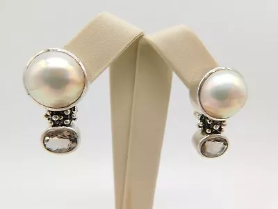 $125 • Buy Michael Dawkins 14k Gold Post Sterling Silver Pearl Smokey Quartz Stone Earrings