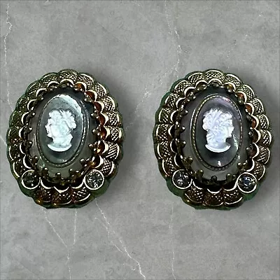 Vintage Estate West Germany Cameo Clip On Earrings With Smoky Rhinestones. • $29