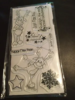 £5.50 • Buy 9 Cute Clear Xmas Stamps, REINDEER New Year, Snowflakes,Stars,text. 21 X 10cms