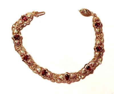 Vintage 2ctw Garnet W/ Leaves On Either Side 10K Yellow & Pink Gold Bracelet  7  • $425