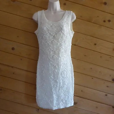 Vintage Off White Beaded Sleeveless Tank Cocktail Party Evening Sheath Dress M • $64.99