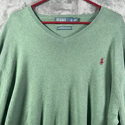 Ralph Lauren Polo Men 2XL Green Knit V Neck Sweater LS Pima Cotton Pullover Soft • $22.98