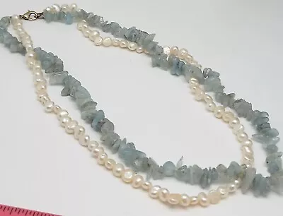 Vintage Freshwater Pearl With Aquamarine Gemstones 16 Inch Necklace Estate • $19.58