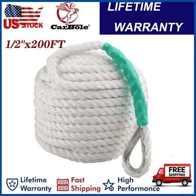 $46.59 • Buy 1/2 X200FT Twisted 3 Strand Nylon Anchor Rope Boat W/Thimble Rigging Line 5850LB