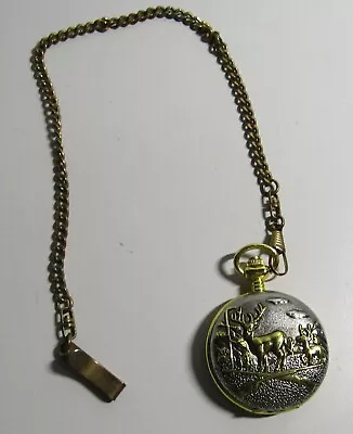 VTG.  BENRUS POCKET WATCH Japan Movt  With Chain Embossed Deer - Needs Battery • $15