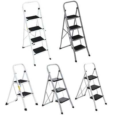 2/3/4 Step Ladder White/Grey Steel Folding Step Stool Wide Anti-Slip Pad Ladder • $36.58