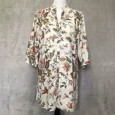 Zara Tunic Sz XL Floral Ivory Button Boho 100% Cotton Cottage 3/4 Sleeve • $25