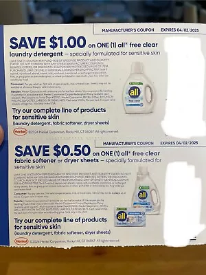 All Clear Laundry Detergent & Fabric Softener Dryer Sheets Coupons X 4 • $3