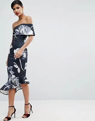 £24.72 • Buy ASOS Dark Floral One Shoulder Asymmetric Pephem Midi Dress Plus Size 14 Black