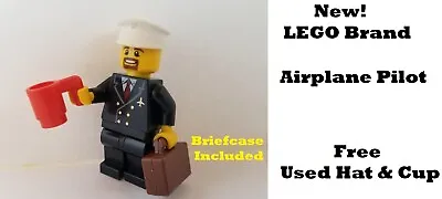 LEGO Airplane Pilot With Briefcase And Coffee Cup Aircraft Crew White Hat Gold • $11.95