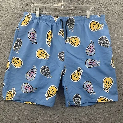 Zaful Mens Swim Trunks Blue Yellow 2XL Lined Suit Psychedelic Drip Smiley Face • $7