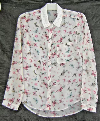 VINTAGE PINK BLUE CREAM BUTTERFLY PRINT LONG SLEEVE SHIRT LACE COLLAR Size 10  • £2.99