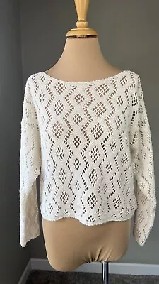 Vintage Zig Zag Ivory Crochet Knit Dolman Sleeve Over Sized Crop Sweater M • $9.99