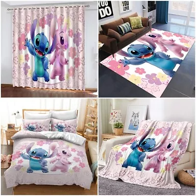3D Lilo Stitch Cartoon Disney Bedding Set Duvet Cover Carpet Floor Mat Curtains • £13.98