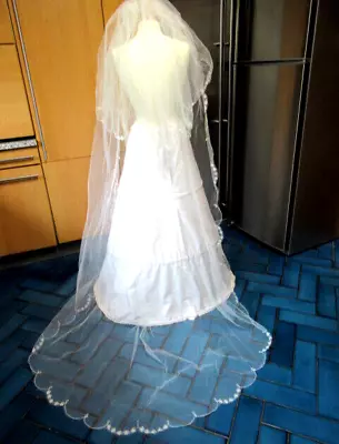 £26.50 • Buy Bridal Veil  Ivory Tulle Hanging Pearls Embroidered Edge Chapel  Length Wedding