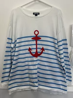 Lands’ End Anchor Nautical White Blue Stripe Jumper Top Size UK 24 26 Cotton • £22.99