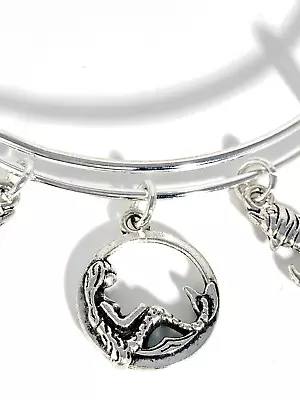Mermaid & Dolphins Silver Charm Expandable Bangle Bracelet • $3.99