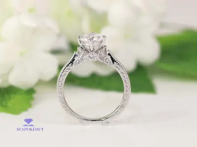 Moissanite Vintage Engagement Ring 1.50 CT Round Cut Solid 14K White Gold VVS1 • $227.74