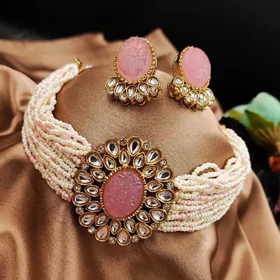 Indian Fashion Choker Ethnic Bollywood Jewelry Gold Plated Pearl Necklace Set • $19.99