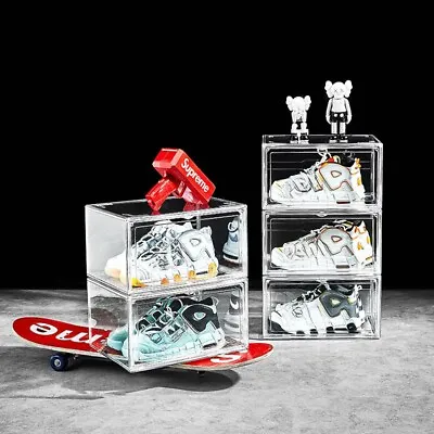 Magnetic Shoe Storage Box Drop Side Clear Sneaker Case Stackable Container • $23