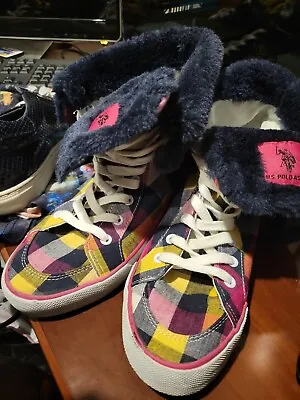 U S Polo Assn Plaid Hi Tops Faux Fur Top Sneakers Shoes Women’s Size 8.5 M • $8.74