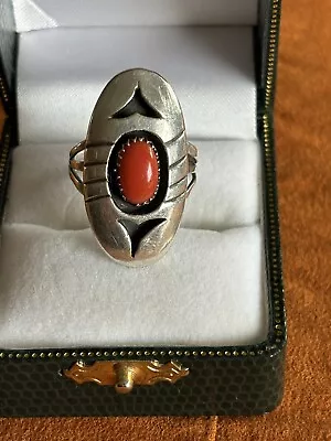 Vintage Navajo Red Coral Sterling Silver Ring Sz 8 Artist Signed John White Nice • £39.58