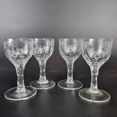 Antique 18th Century Set 4 Drinking Glasses Engraved Cup Bowls & Facet Cut Stems • £495