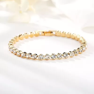 £6.99 • Buy Womens Made With Swarovski Elements Crystal Tennis Bracelet Bangle Gold Plated